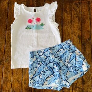 Janie and Jack Girls 4T Outfit. Cute Flamingo Shirt w/ Blue Palm Shorts